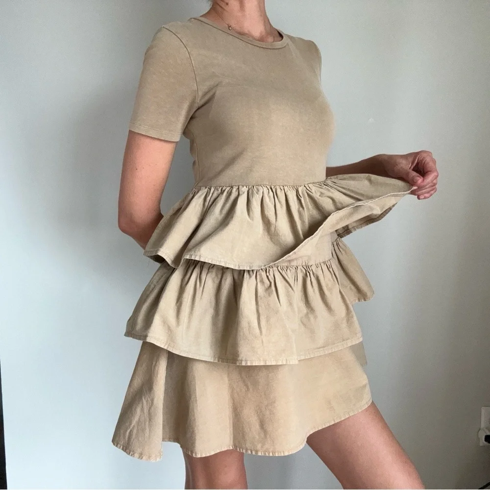 Zara Woman  Beige Ruffled 100% Cotton Tshirt Dress, size Small - Picture 9 of 9
